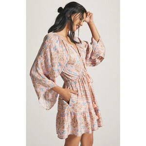 Anthropologie Peach Floral Mini Dress with Blue Accents